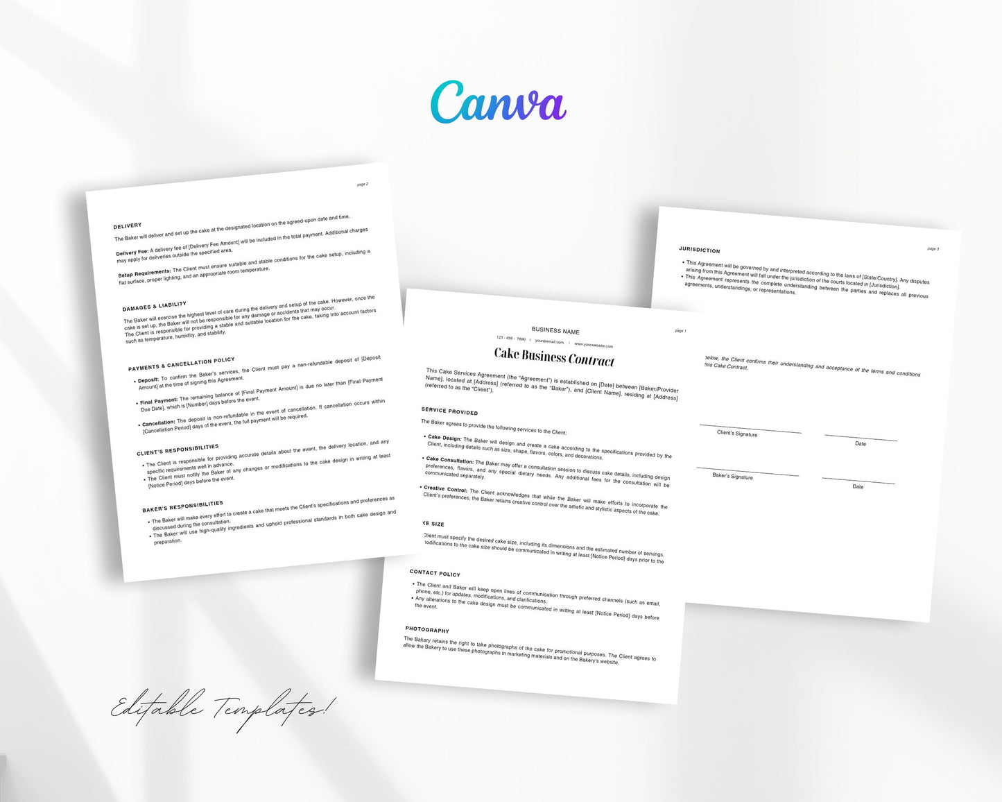 Cake Contract Printable, Contract form, Order Form, Business signs, Editable Canva Template, Bakery Small Business, US letter size