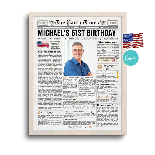 61st Birthday Vintage Newspaper, EDITABLE Birthday Posters, Printable Newspaper Birthday Gifts, Canva