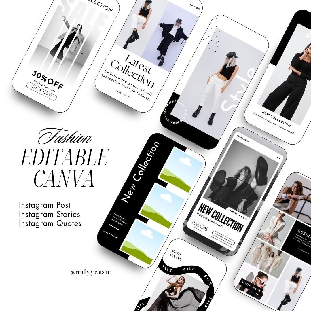 600 Black White Fashion Social Media Instagram, Clothing business brand, Editable Canva Templates