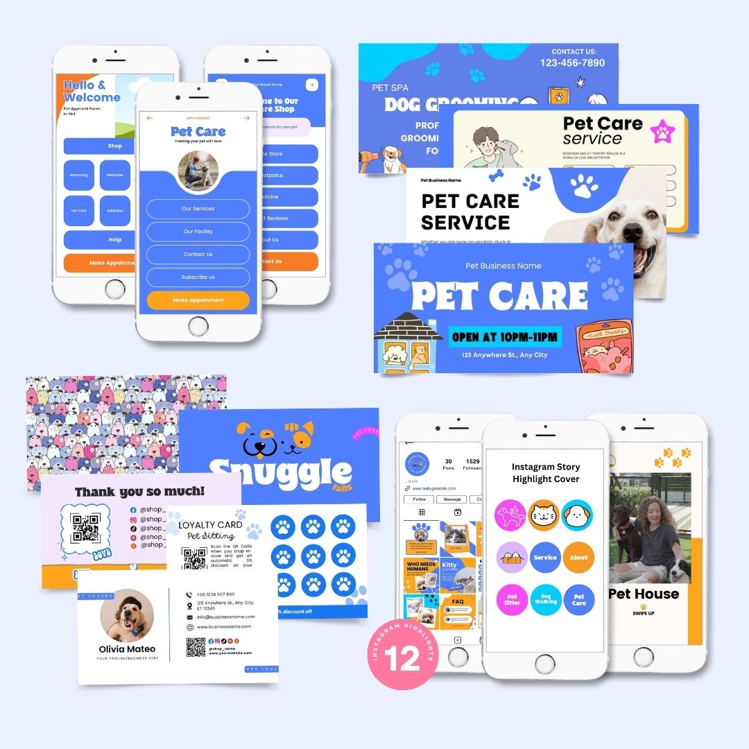 Branding Kit Snuggletails Pet Business Editable Canva Templates Business Cards Marketing Posts Blue Orange Theme
