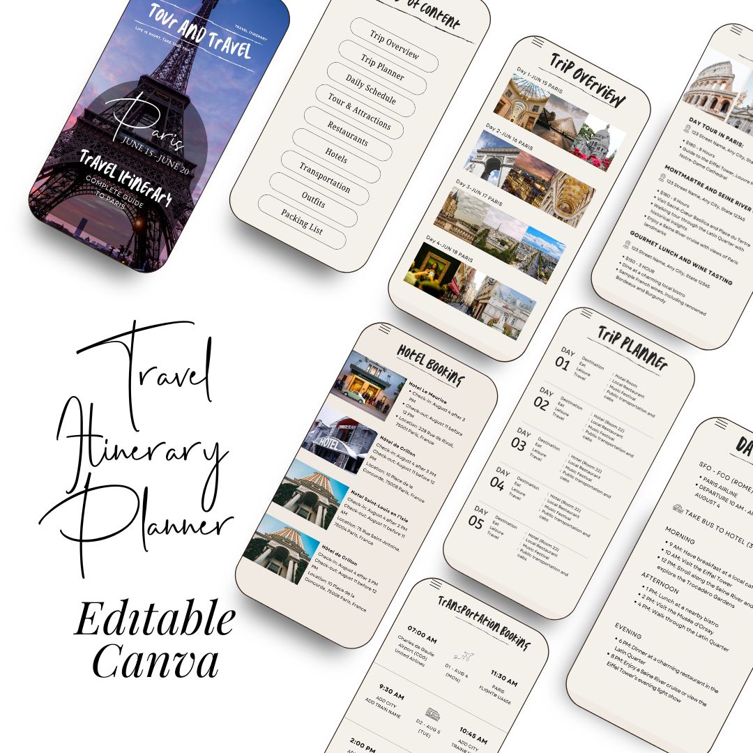 Editable Travel Itinerary Template | Trip Itinerary | Printable Travel Guide | Travel Agent Planner | Holiday Honeymoon Vacation Planner