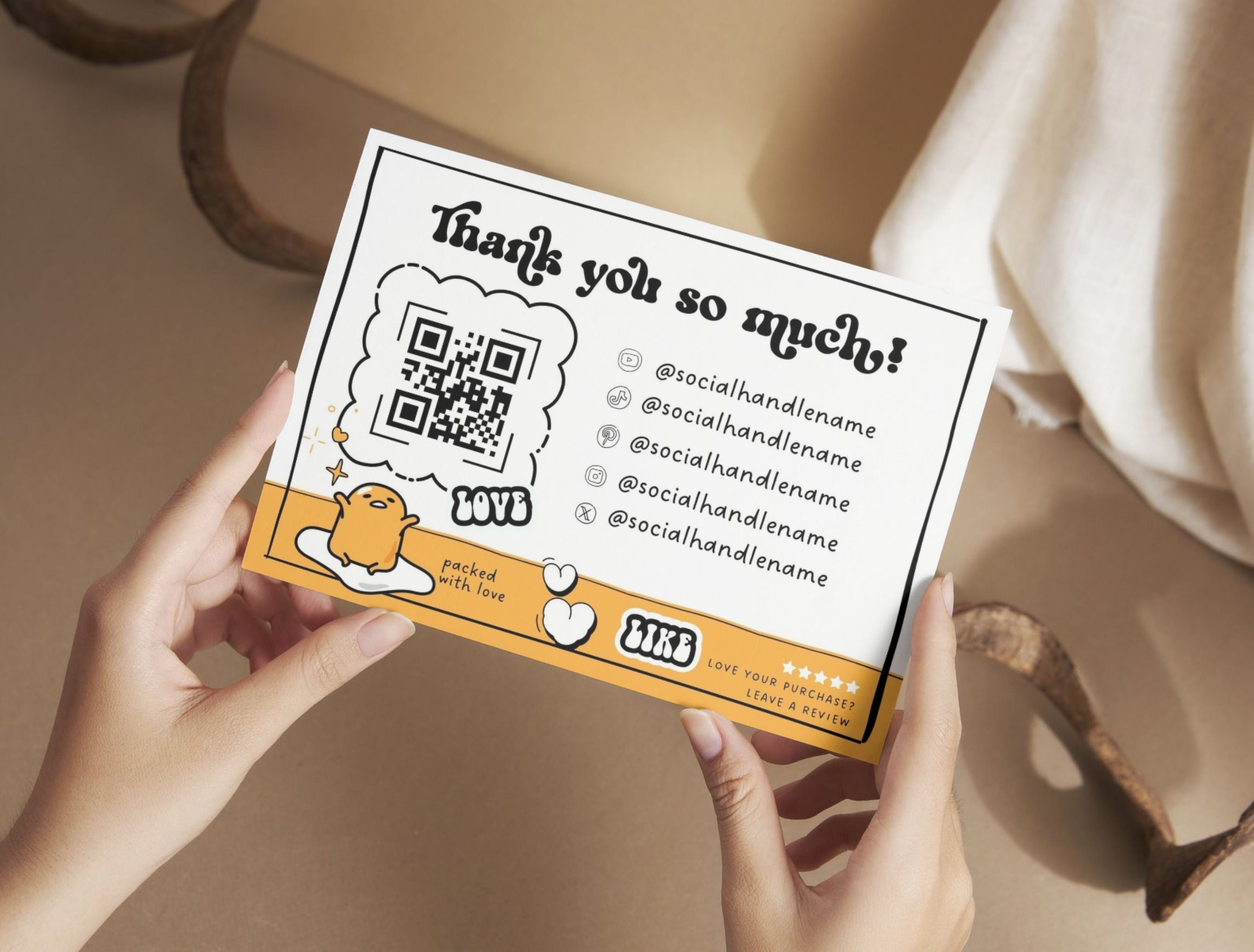 Small Business Printable Canva Templates – Thank You & Loyalty Card, Gift Certificate, QR Code Payment Gudetama Playful Fun Theme
