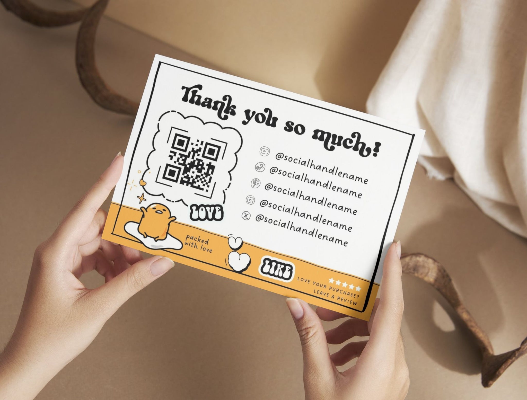 Small Business Printable Canva Templates – Thank You & Loyalty Card, Gift Certificate, QR Code Payment Gudetama Playful Fun Theme
