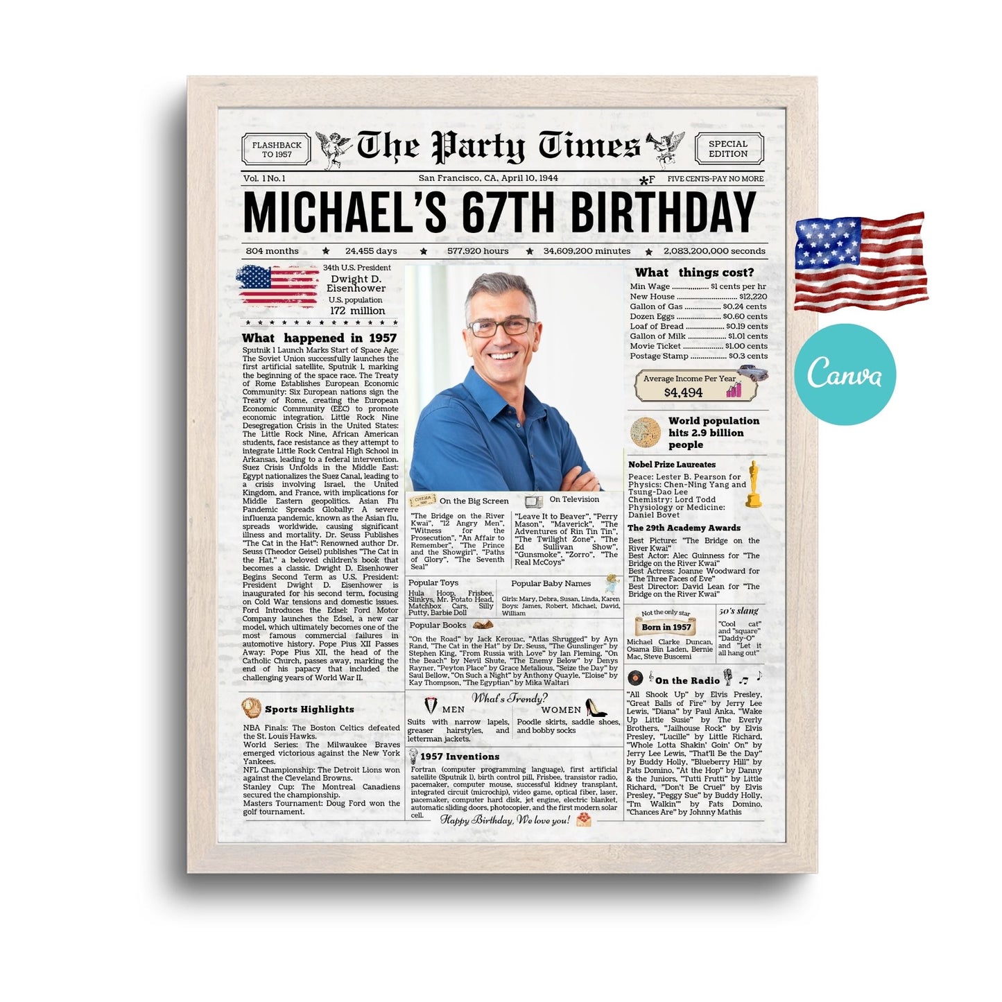 67th Birthday Vintage Newspaper, EDITABLE Birthday Posters, Printable Newspaper Birthday Gifts, Canva