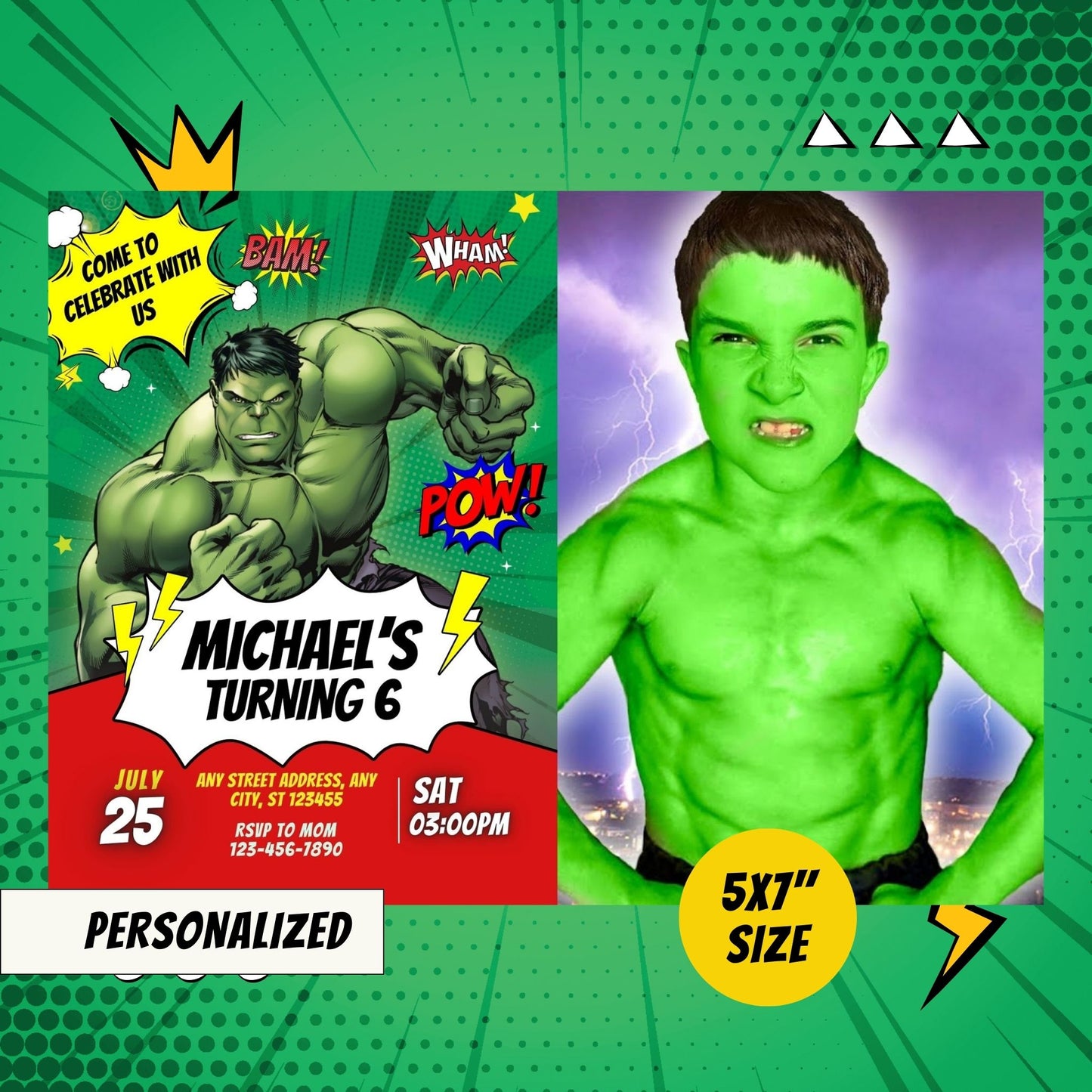 The Incredible Hulk Custom Birthday Comic Invitation with Photo