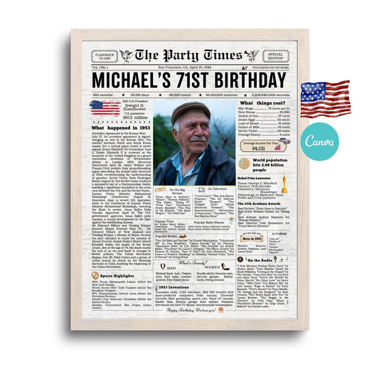 71st Birthday Vintage Newspaper, EDITABLE Birthday Posters, Printable Newspaper Birthday Gifts, Canva