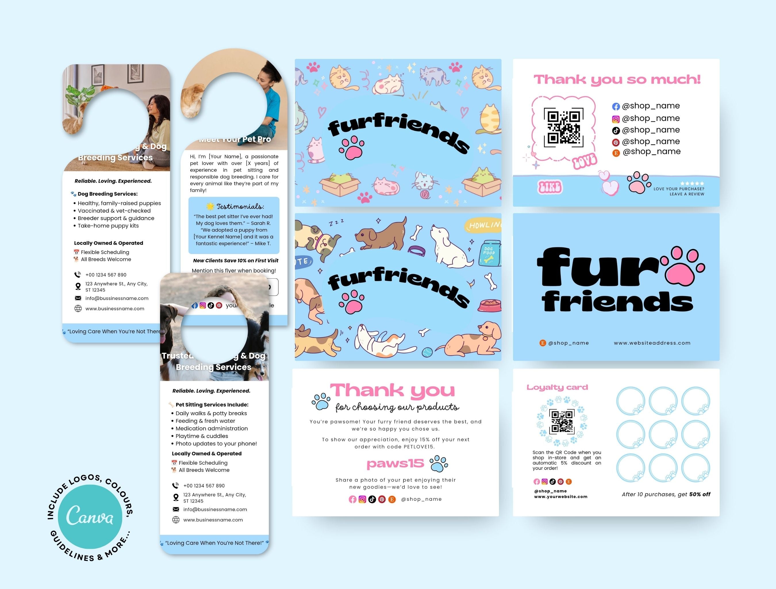 Pet Business Printable Canva Templates – Thank You & Loyalty Card, Door Hanger QR Code Fur Friends Light Blue Theme