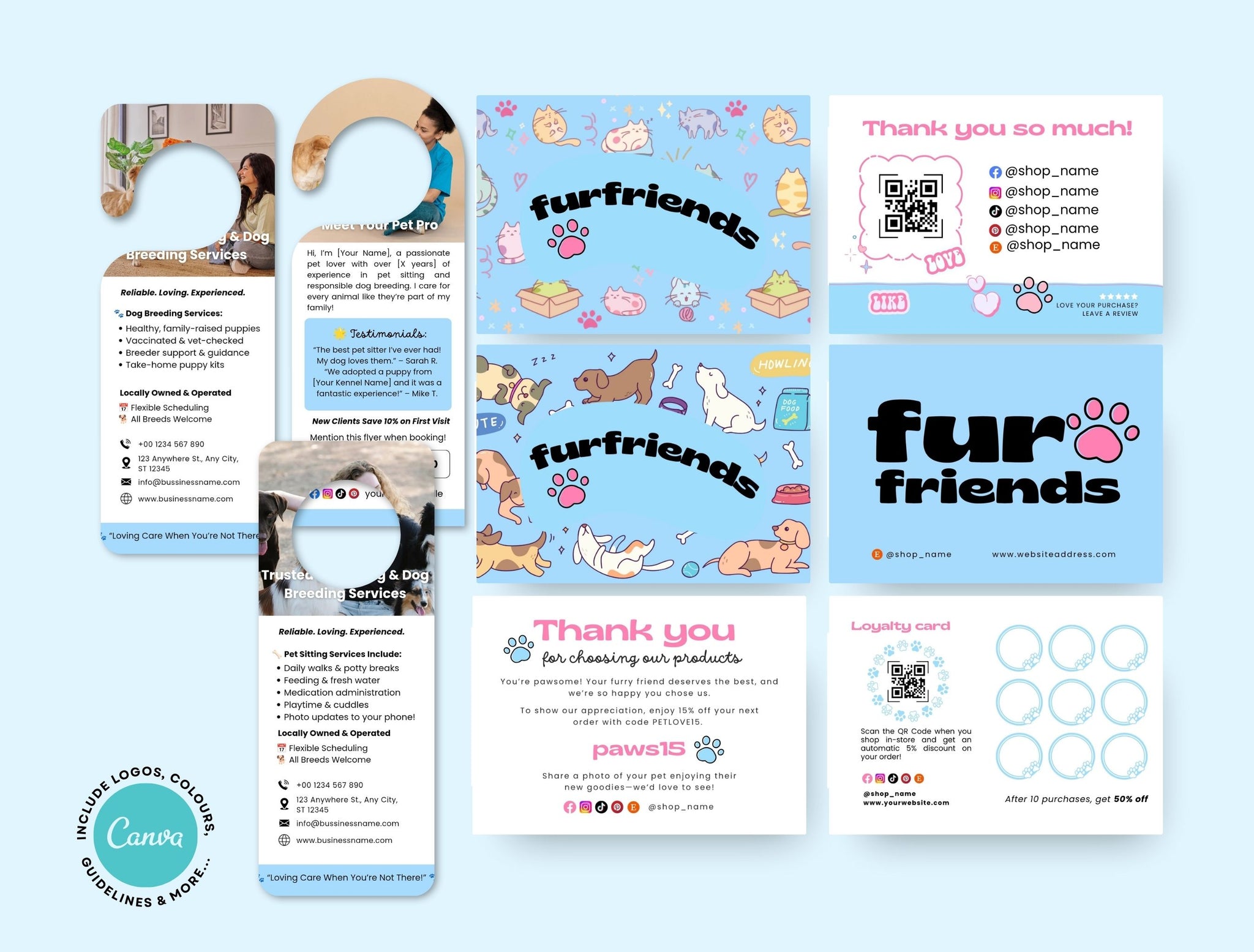 Pet Business Printable Canva Templates – Thank You & Loyalty Card, Door Hanger QR Code Fur Friends Light Blue Theme