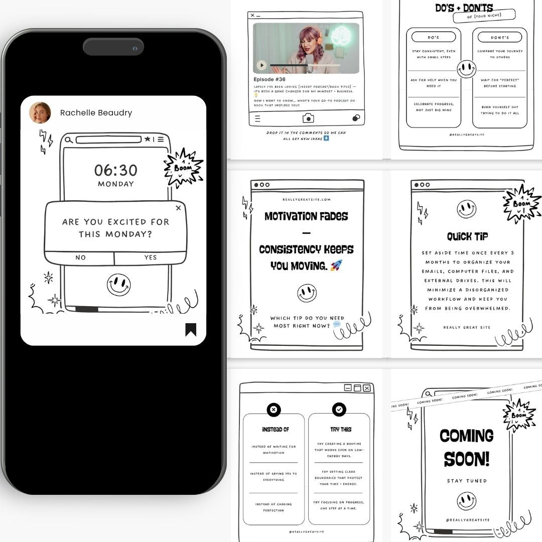 50 Comic Black White Social Media Instagram Post, Digital and Physical Product Personal Brand, Editable Canva Template