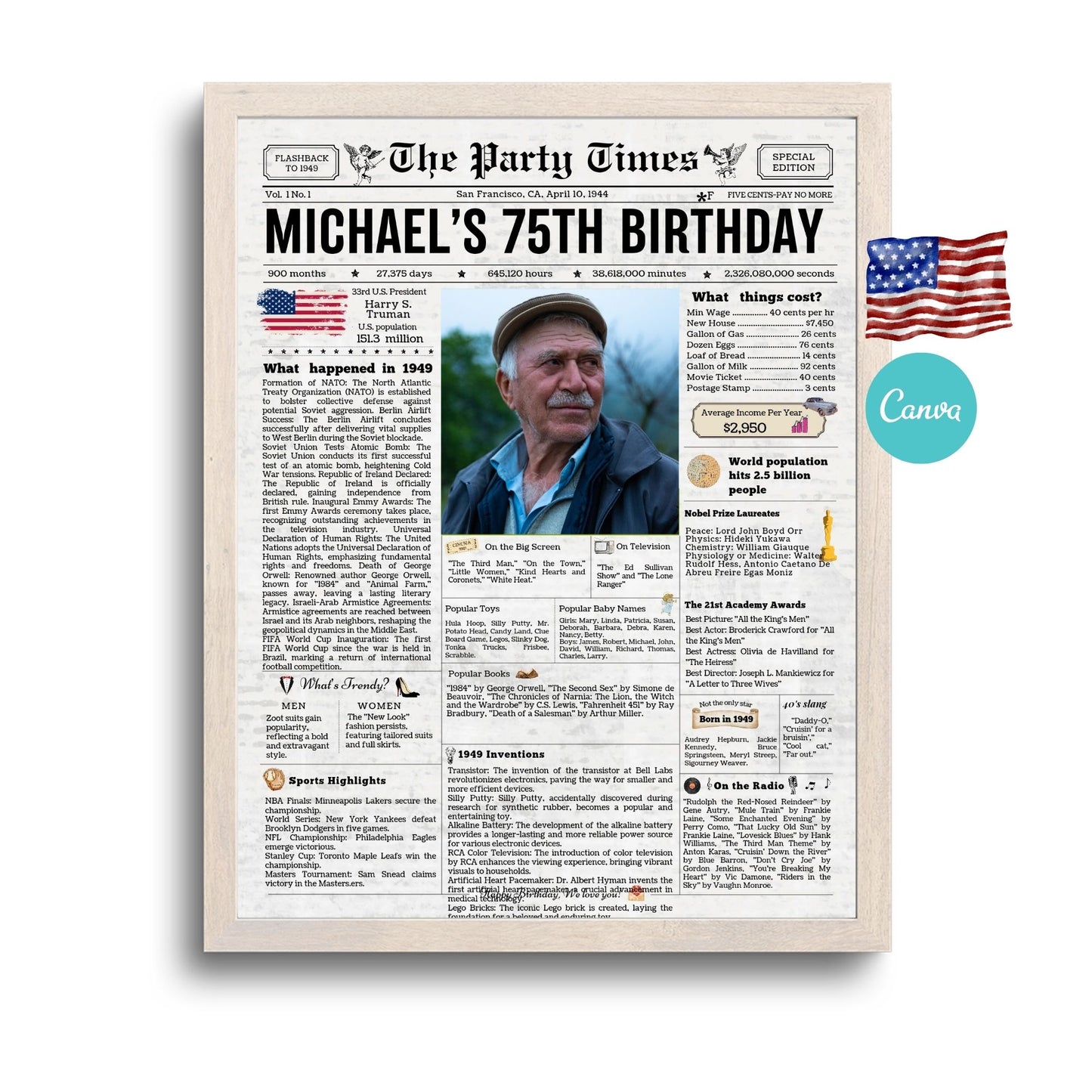 75th Birthday Vintage Newspaper, EDITABLE Birthday Posters, Printable Newspaper Birthday Gifts, Canva