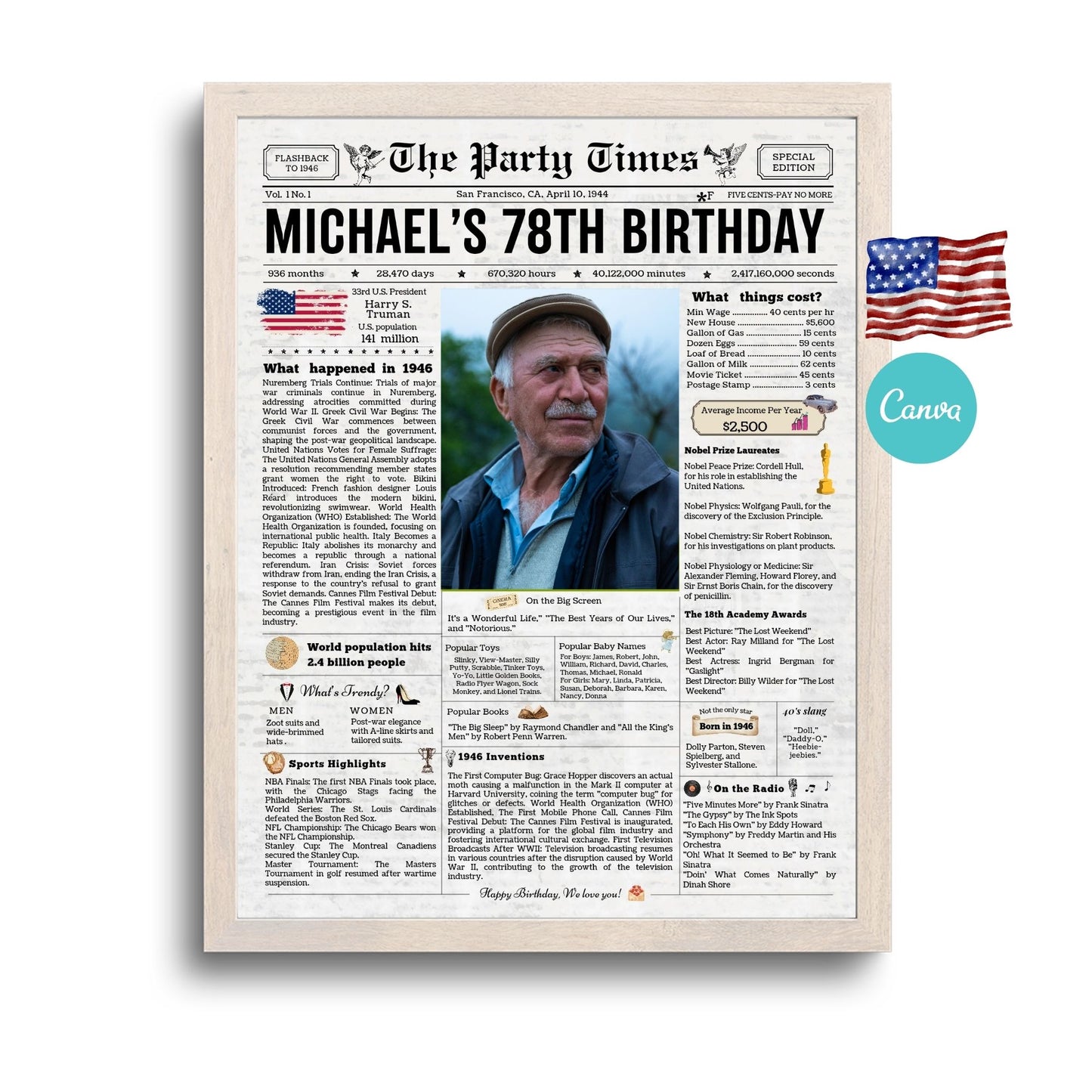 78th Birthday Vintage Newspaper, EDITABLE Birthday Posters, Printable Newspaper Birthday Gifts, Canva