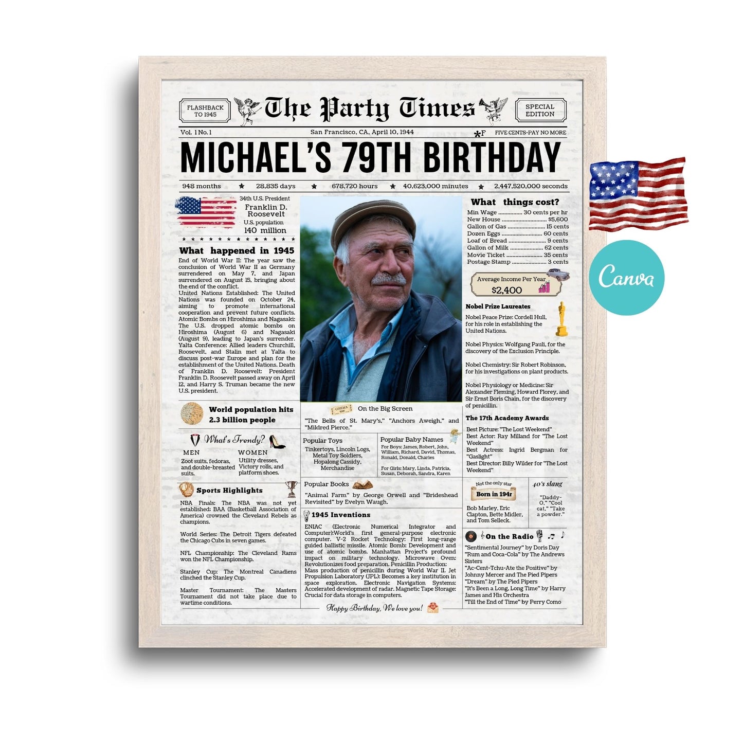 80th Birthday Vintage Newspaper, EDITABLE Birthday Posters, Printable Newspaper Birthday Gifts, Canva