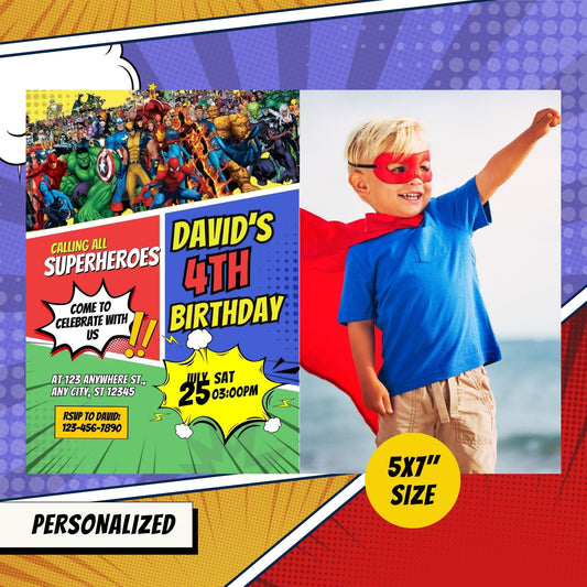 Superheroes Custom Birthday Comic Invitation with Photo