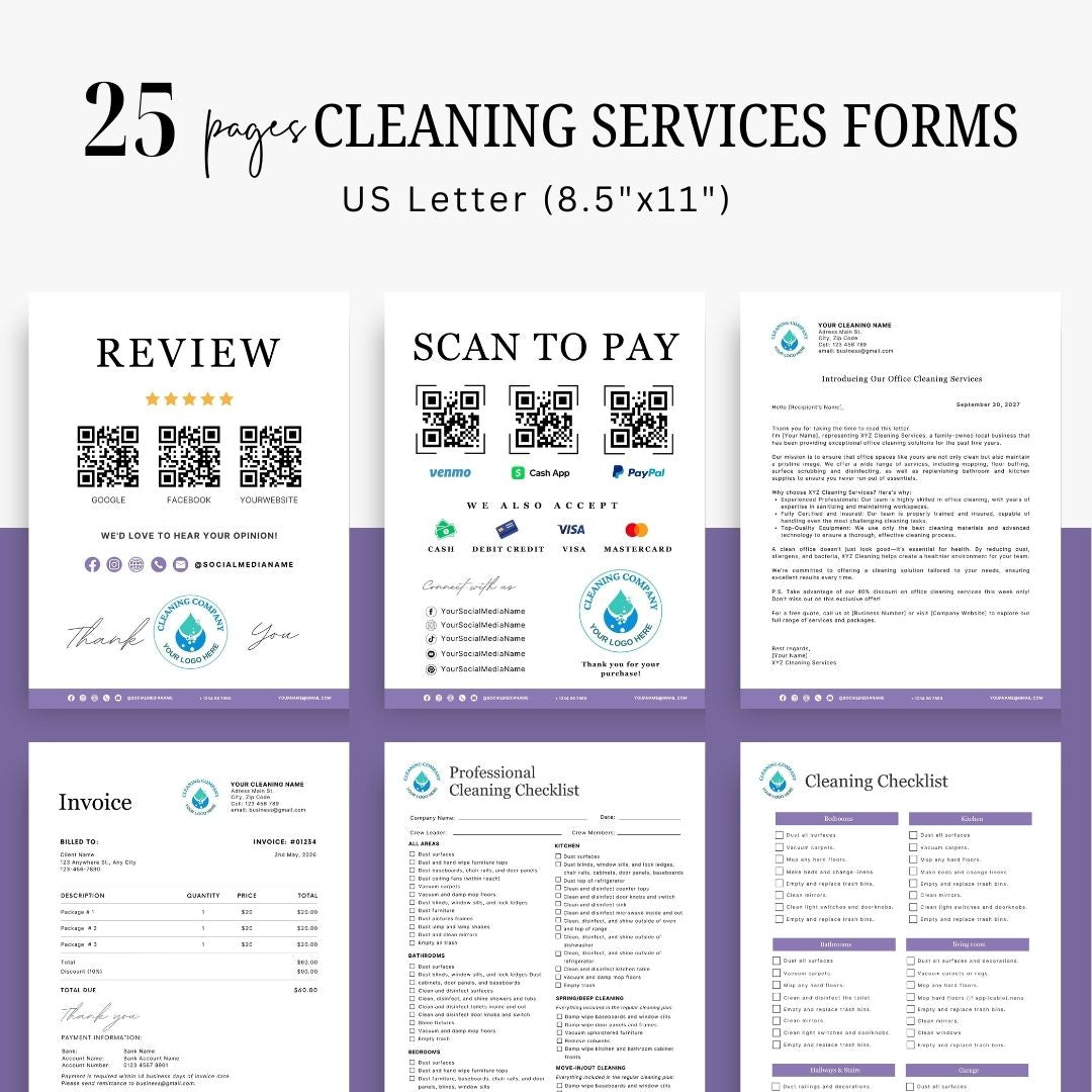 Cleaning Services Bundle, Business Forms, Door Hanger, Flyers, Business Card, Social Media Post, Canva Templates