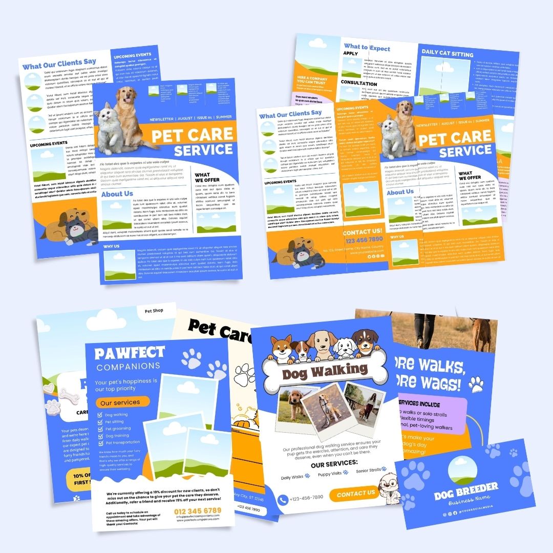 Branding Kit Snuggletails Pet Business Editable Canva Templates Business Cards Marketing Posts Blue Orange Theme
