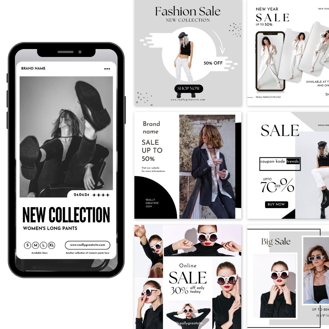 600 Black White Fashion Social Media Instagram, Clothing business brand, Editable Canva Templates