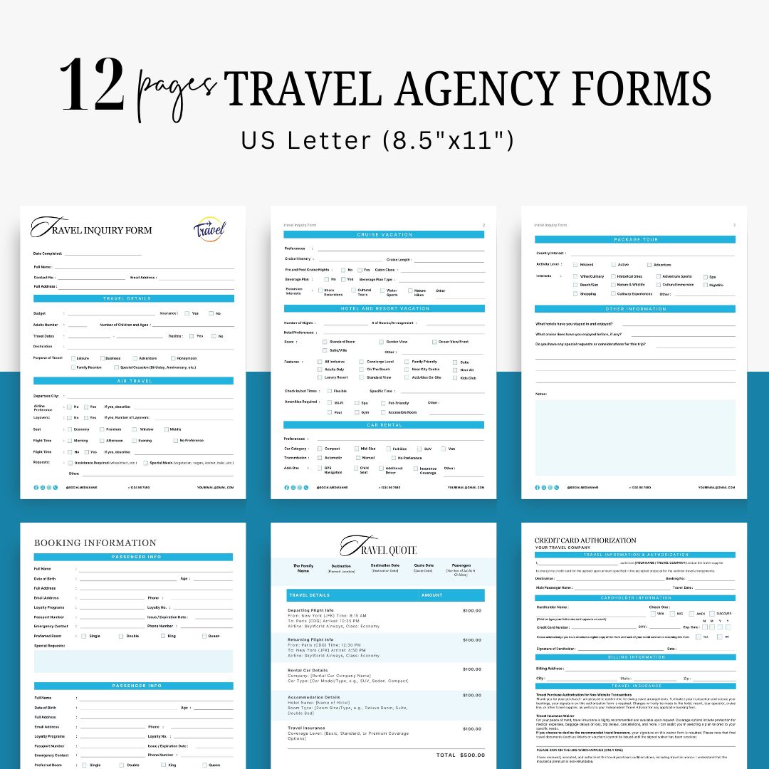 Travel Agency Bundle, Intake Booking Forms, Itinerary Templates, Mobile Itinerary, Traveling Guide, Business Cards, Editable Canva Templates