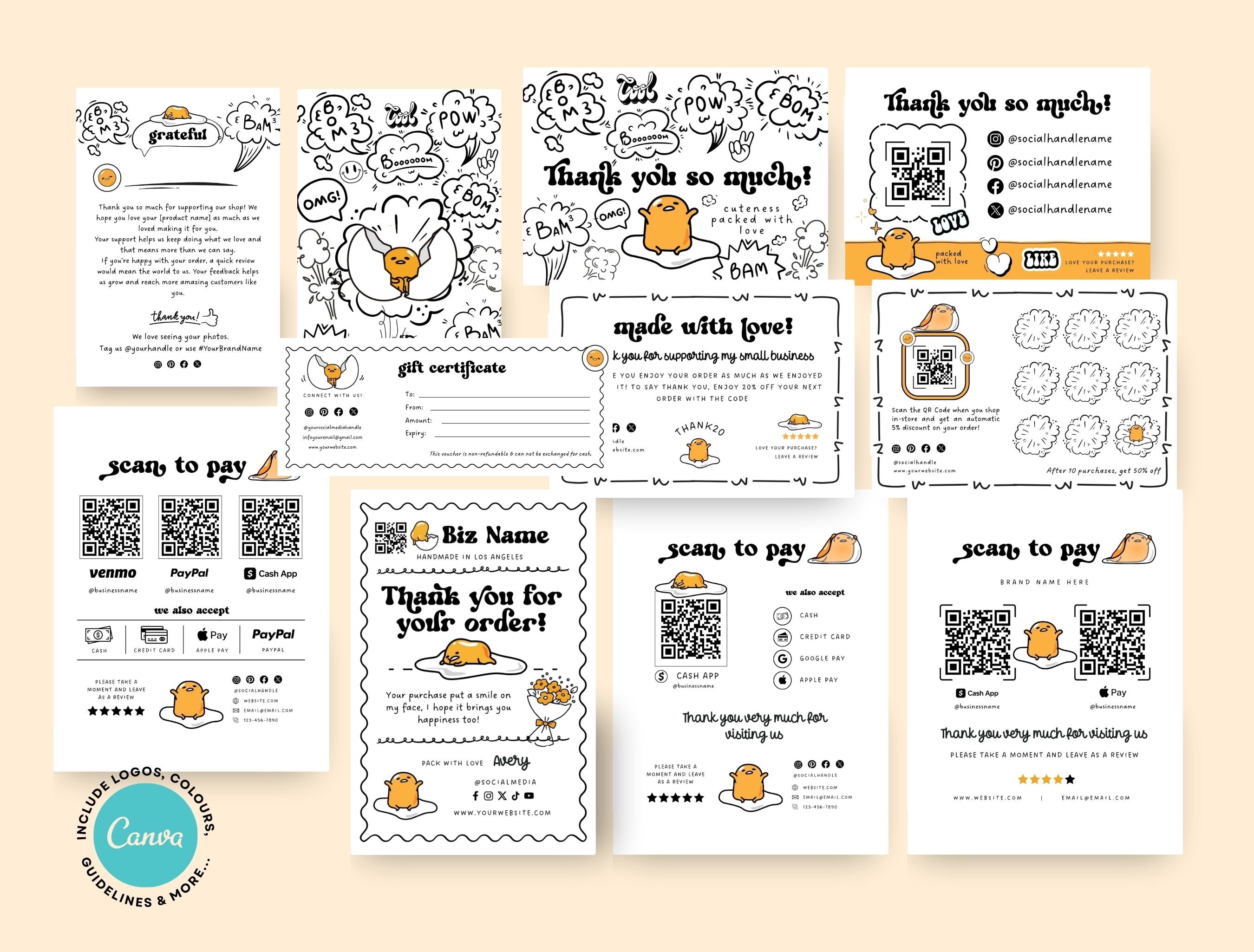Small Business Printable Canva Templates – Thank You & Loyalty Card, Gift Certificate, QR Code Payment Gudetama Playful Fun Theme