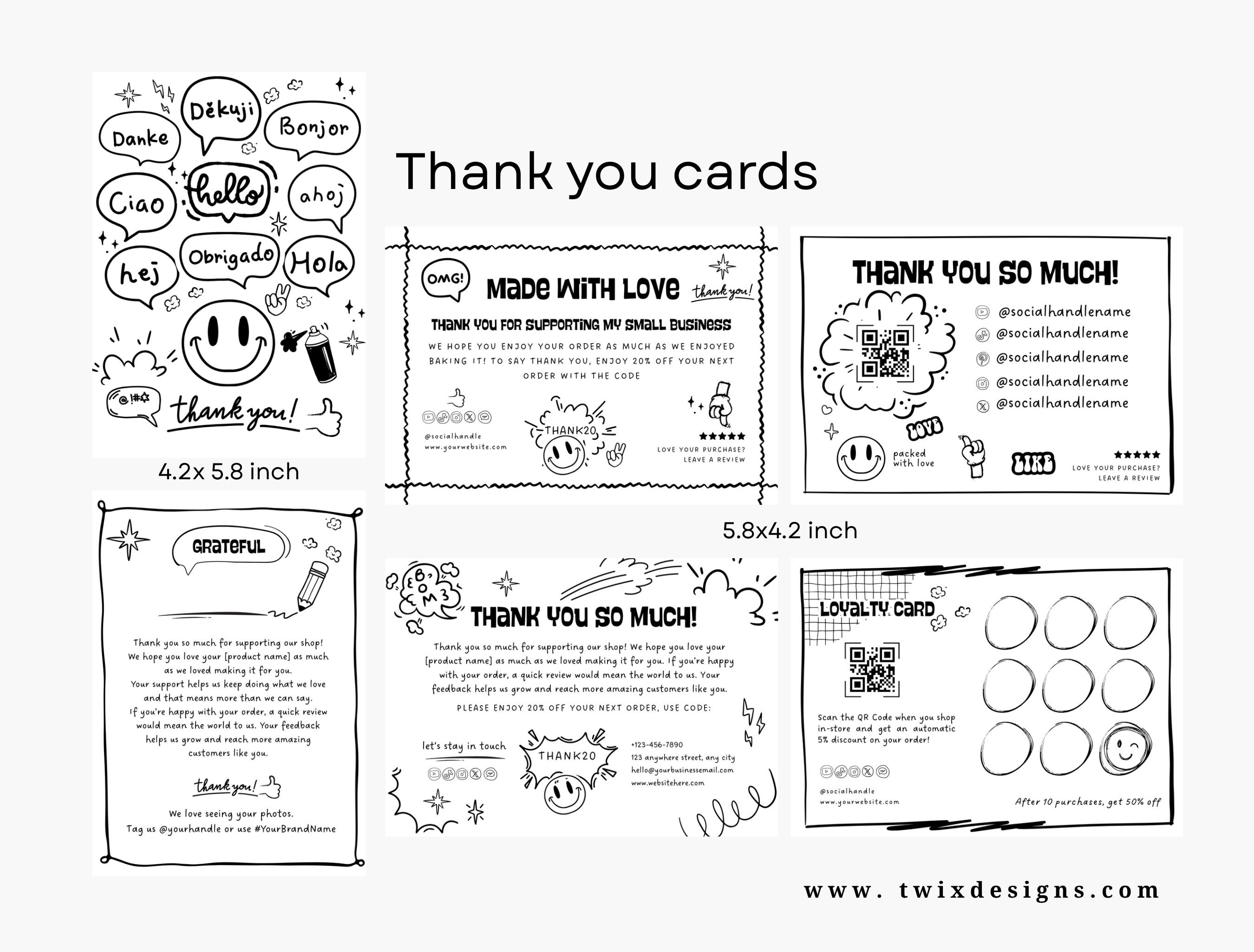 Small Business Printable Canva Templates – Thank You & Loyalty Card, Gift Certificate, QR Code Payment comiko Theme