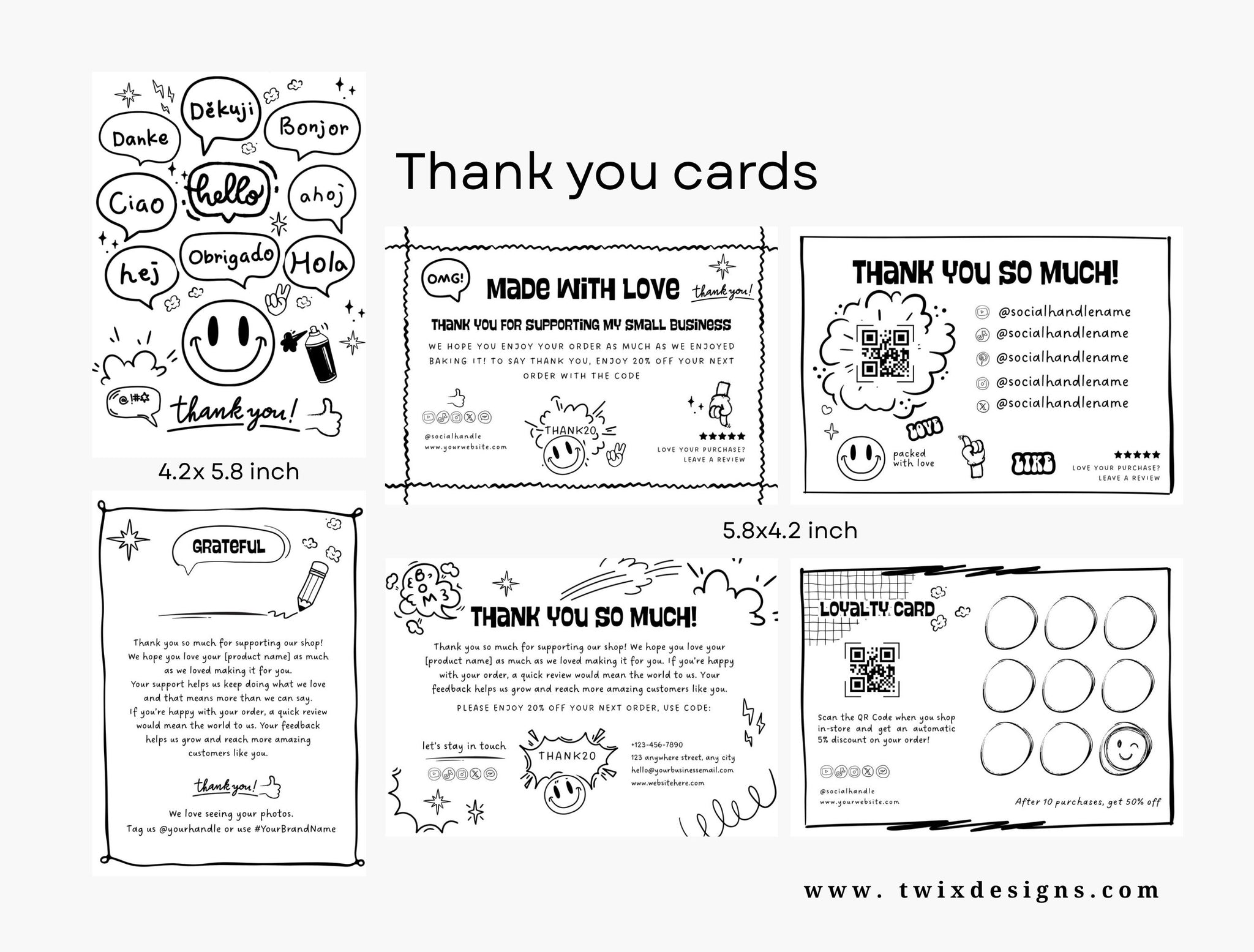 Small Business Printable Canva Templates – Thank You & Loyalty Card, Gift Certificate, QR Code Payment comiko Theme