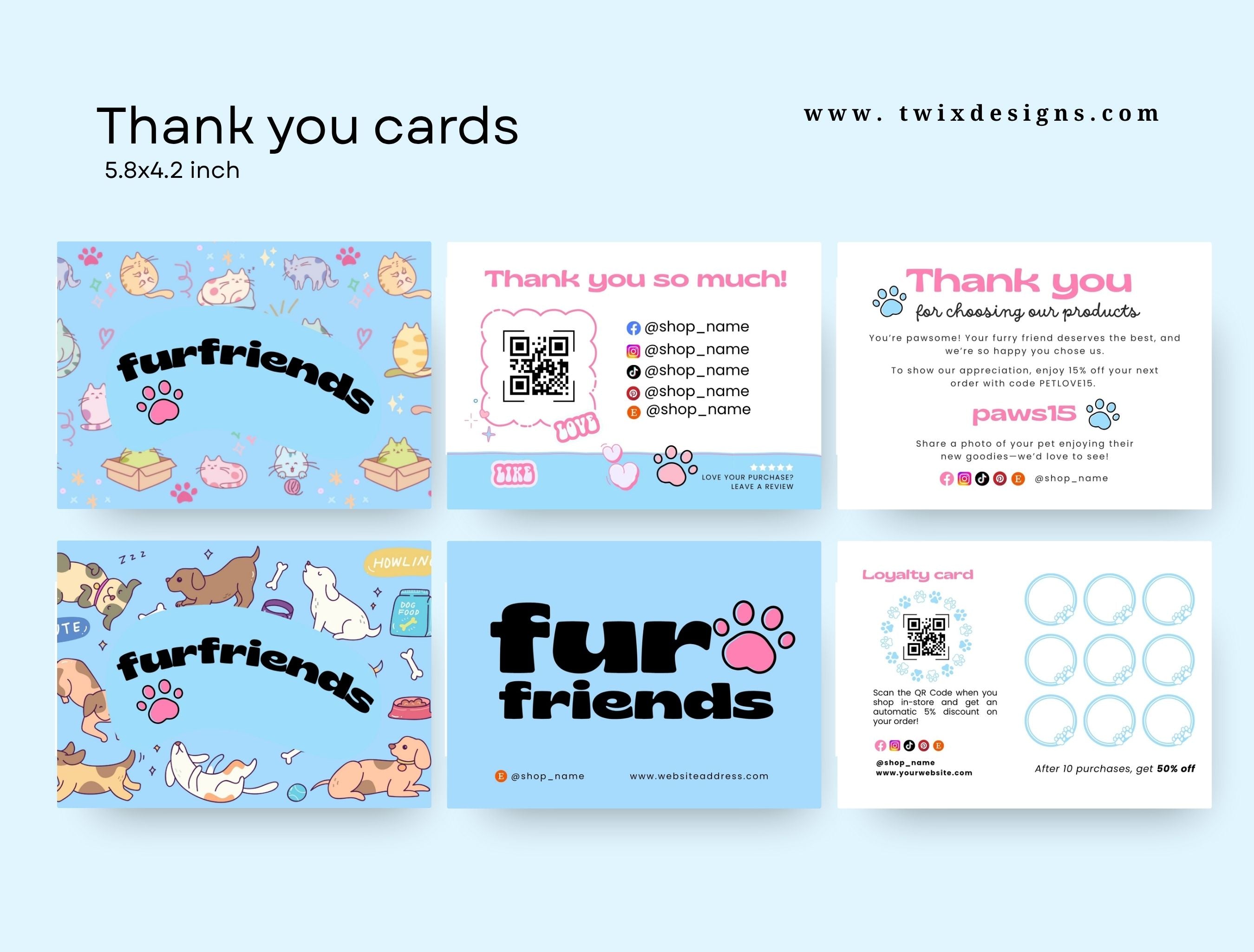 Pet Business Printable Canva Templates – Thank You & Loyalty Card, Door Hanger QR Code Fur Friends Light Blue Theme