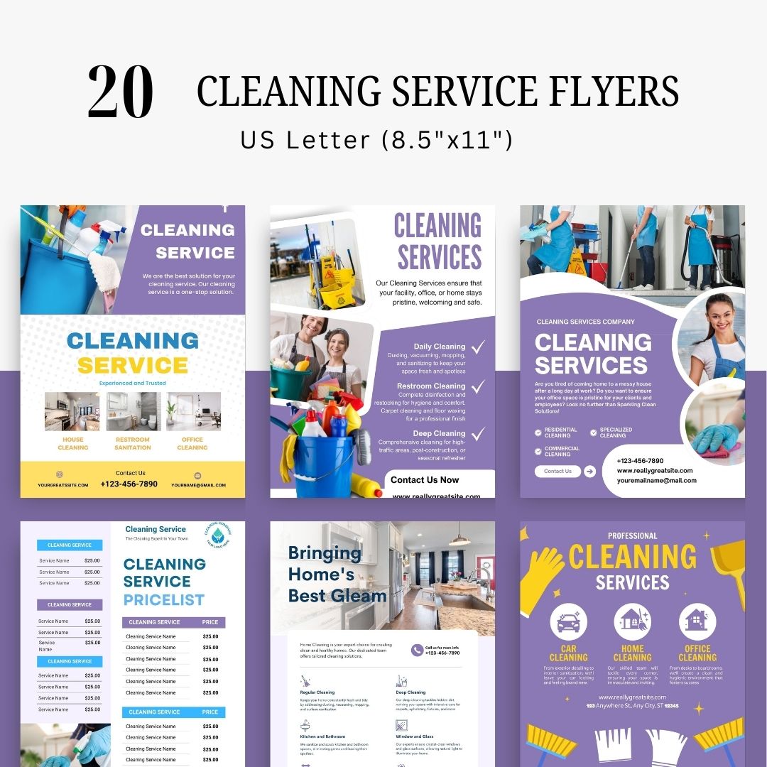 Cleaning Services Bundle, Business Forms, Door Hanger, Flyers, Business Card, Social Media Post, Canva Templates