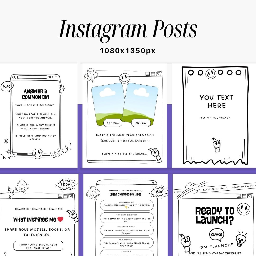 50 Comic Black White Social Media Instagram Post, Digital and Physical Product Personal Brand, Editable Canva Template
