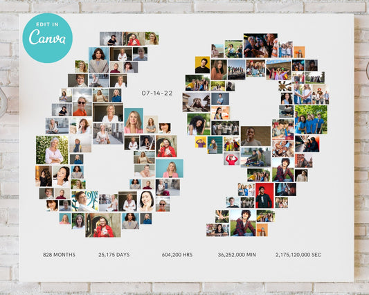 EDITABLE 69 Years Photo Collage, 105 Photos, Canva, DIGITAL