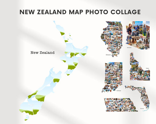 EDITABLE New Zealand Map Photo Collage, 15+ Photos Map Wall Art, CANVA, Digital