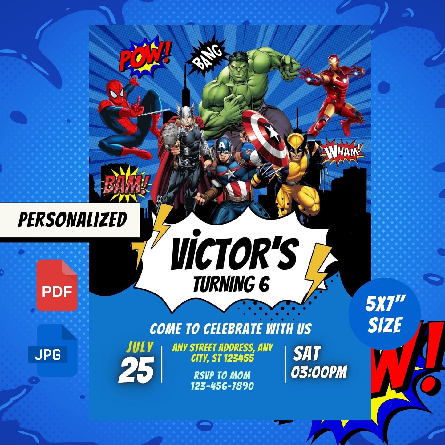 Superheroes Custom Birthday Invitation Blue Theme