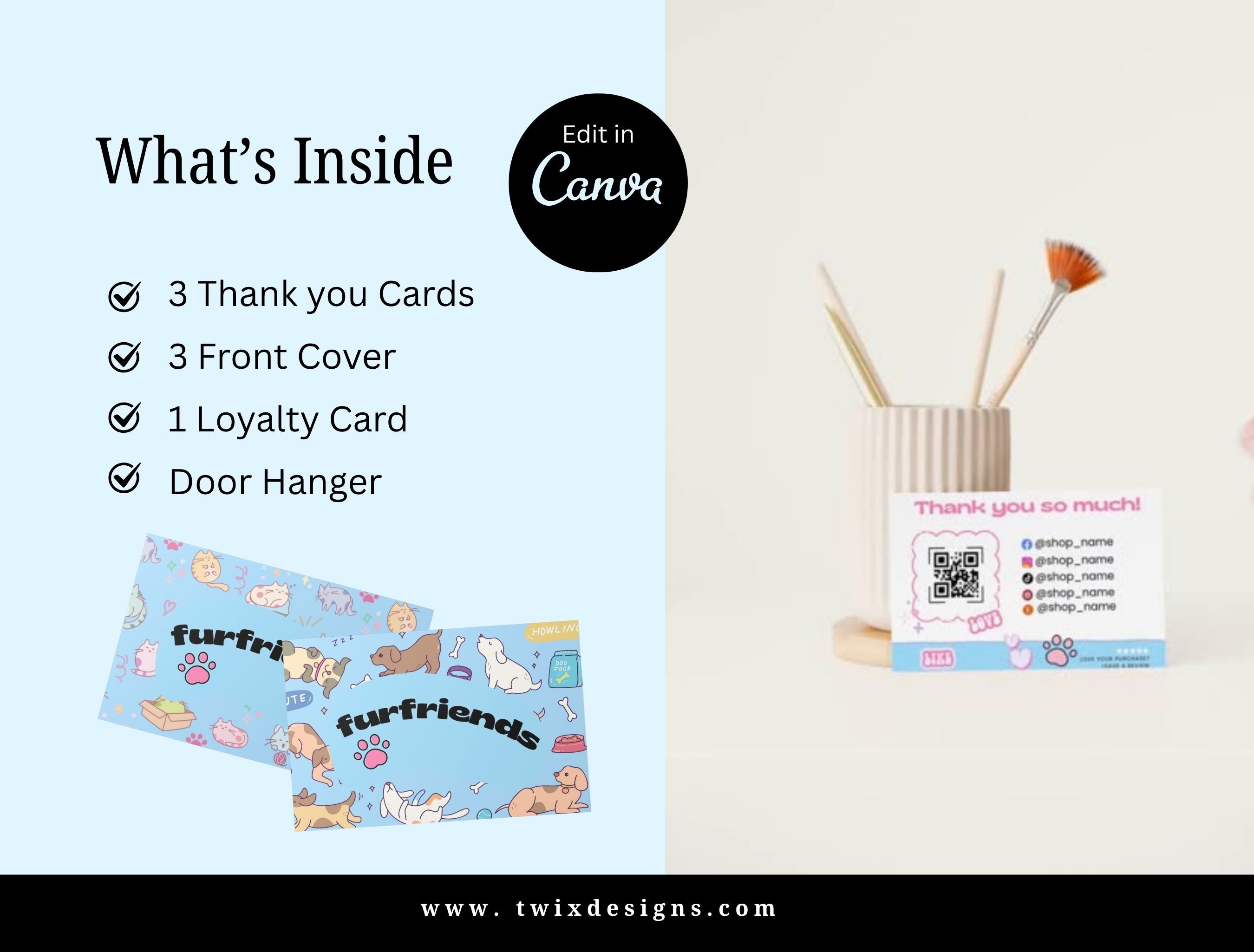 Pet Business Printable Canva Templates – Thank You & Loyalty Card, Door Hanger QR Code Fur Friends Light Blue Theme