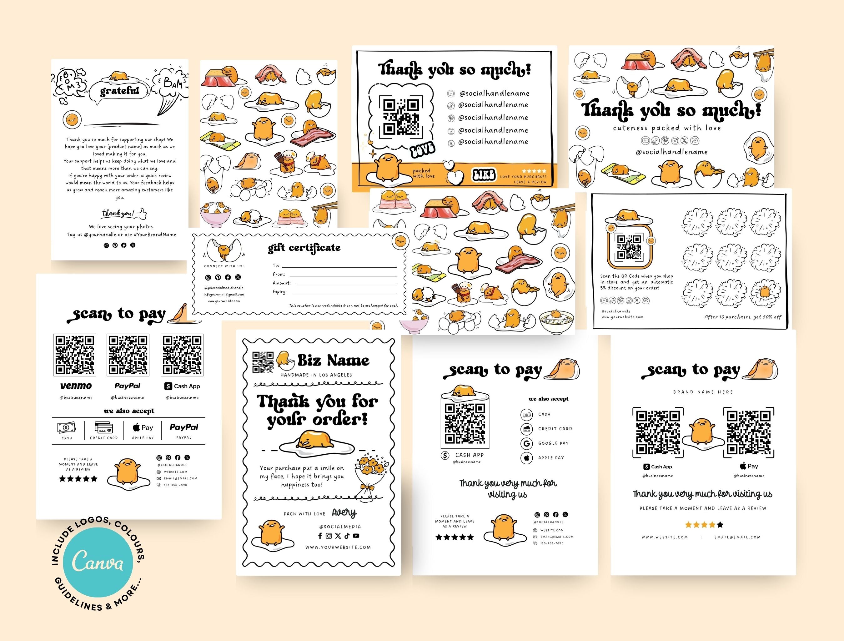 Small Business Printable Canva Templates – Thank You & Loyalty Card, Gift Certificate, QR Code Payment Gudetama Playful Fun Theme