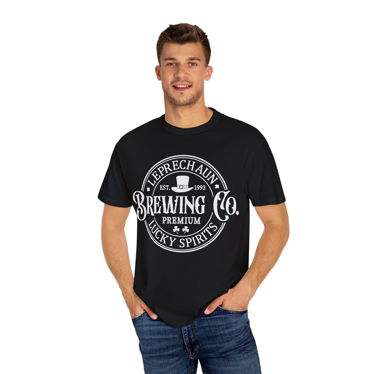 Leprechaun Brewing Co Lucky Spirits Unisex Garment-Dyed T-Shirt - Casual Vintage Style for Everyday Wear