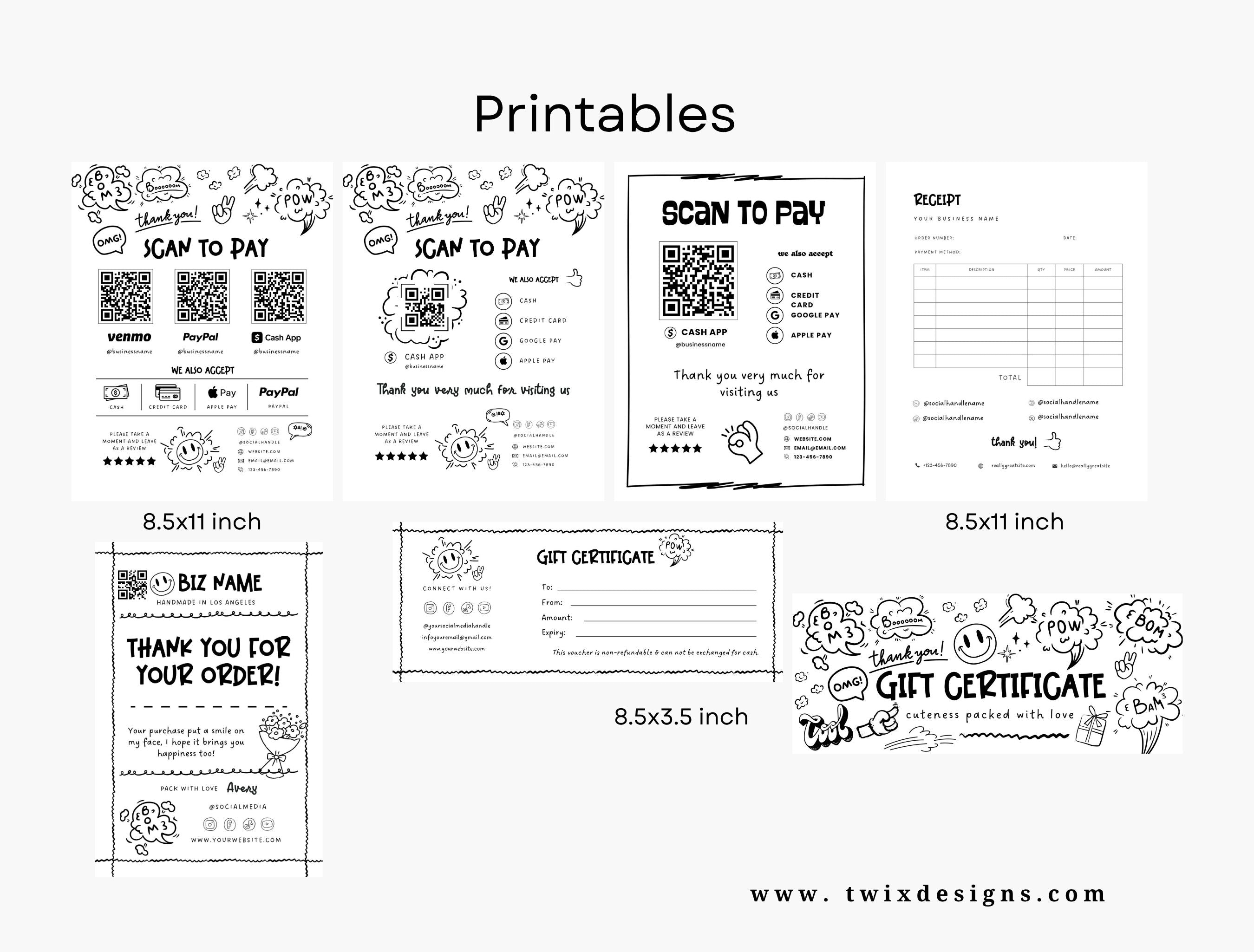 Small Business Printable Canva Templates – Thank You & Loyalty Card, Gift Certificate, QR Code Payment comiko Theme