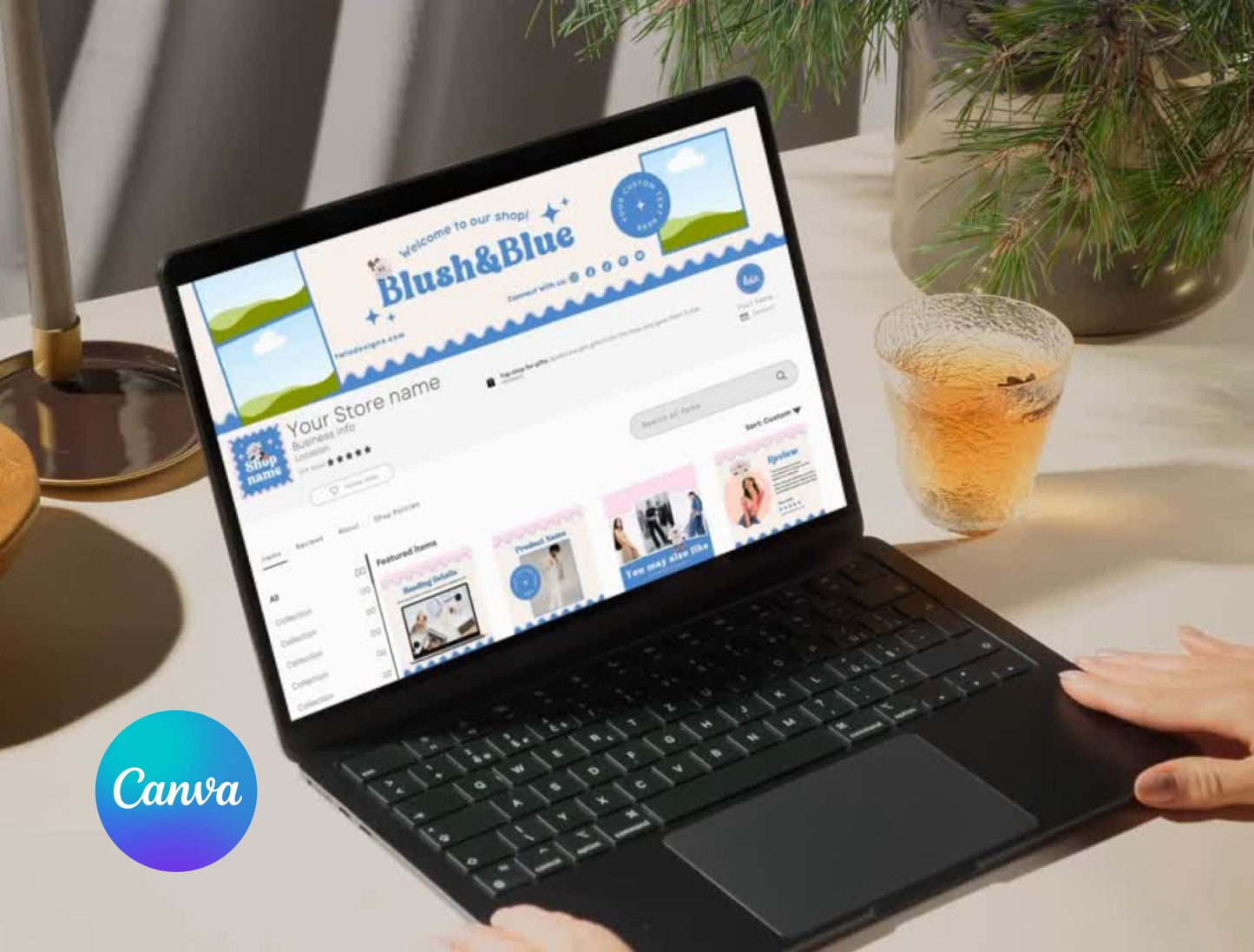 Branding Kit Blush & Blue Canva Templates Product Fashion Coach Etsy Kit Shop