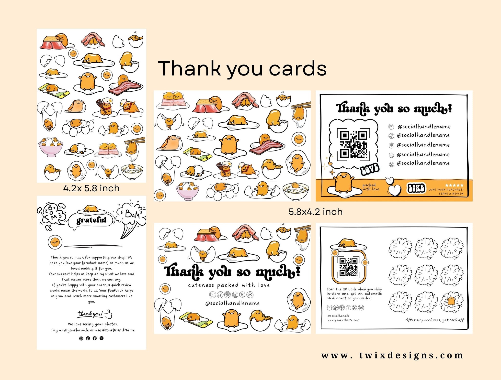 Small Business Printable Canva Templates – Thank You & Loyalty Card, Gift Certificate, QR Code Payment Gudetama Playful Fun Theme