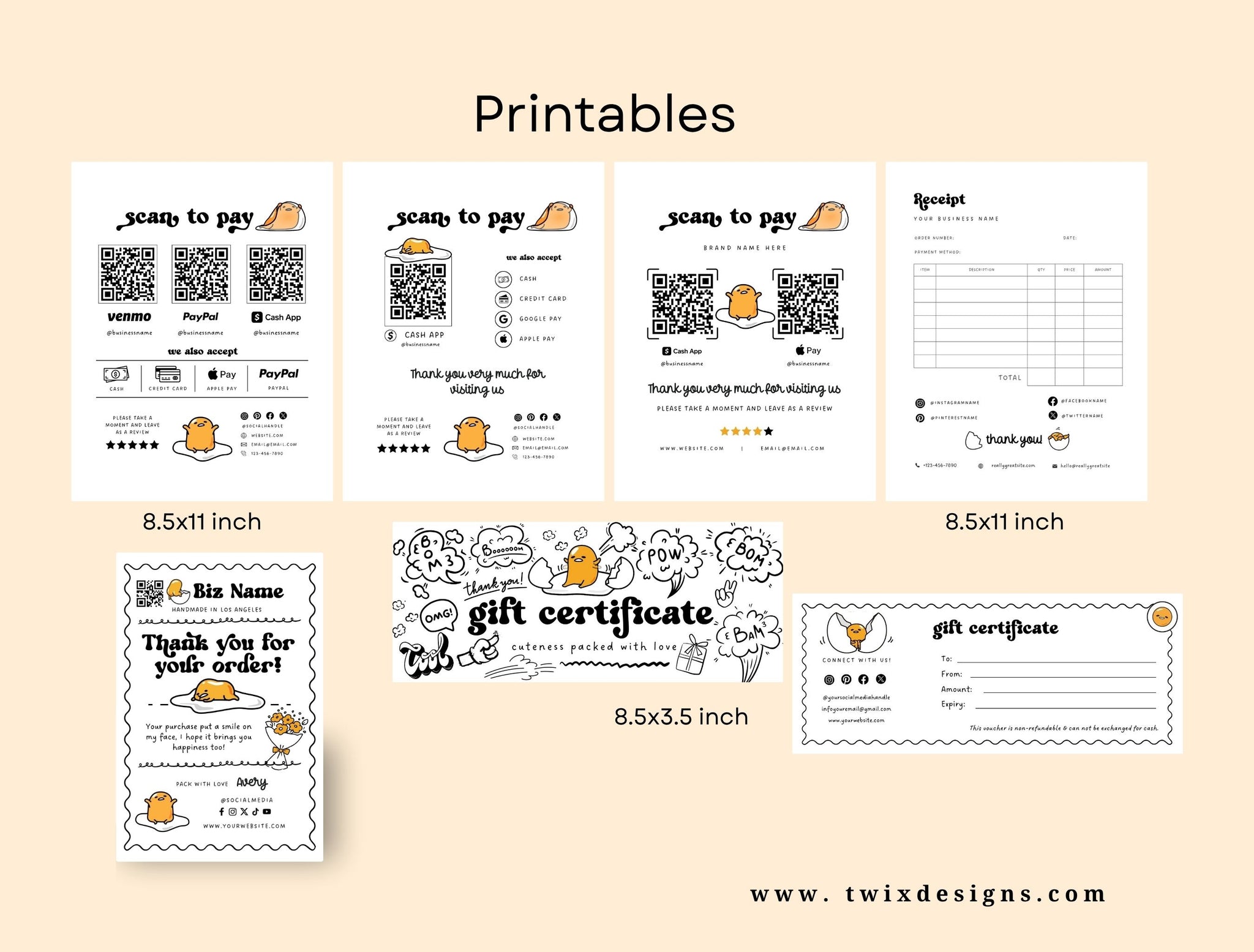 Small Business Printable Canva Templates – Thank You & Loyalty Card, Gift Certificate, QR Code Payment Gudetama Playful Fun Theme