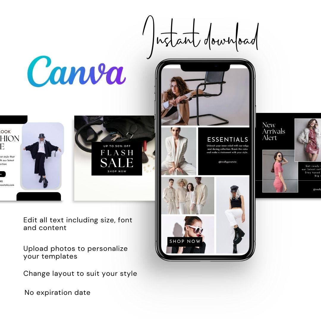 600 Black White Fashion Social Media Instagram, Clothing business brand, Editable Canva Templates