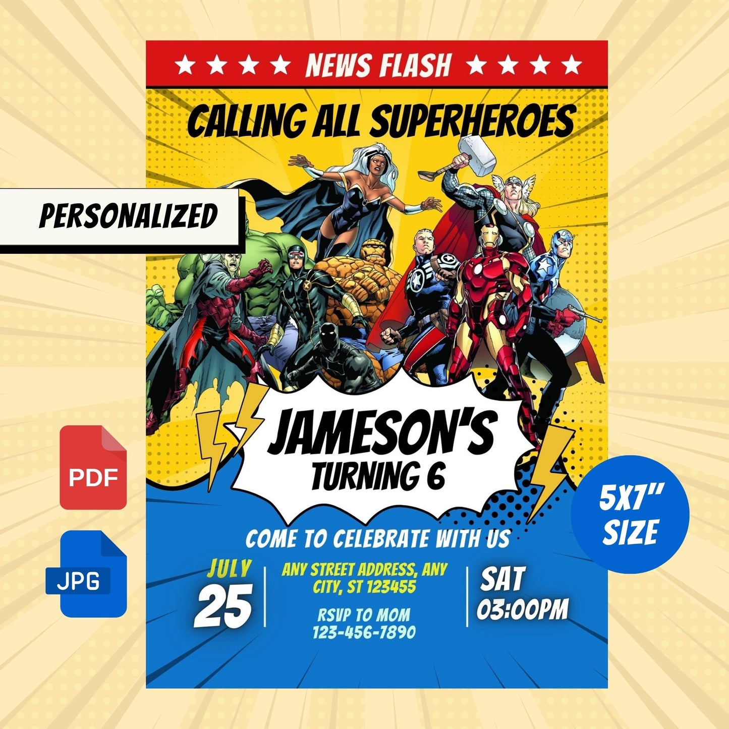 Superheroes Custom Birthday Invitation Yellow-Blue Theme