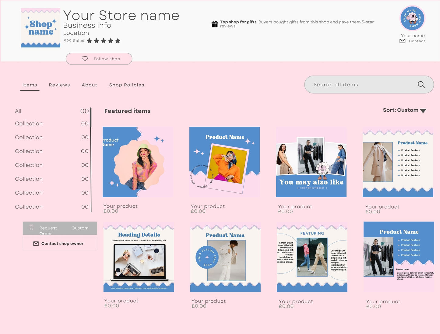 Branding Kit Blush & Blue Canva Templates Product Fashion Coach Etsy Kit Shop