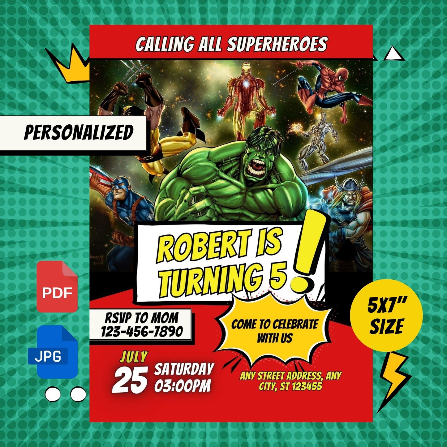 Superheroes Custom Birthday Invitation Green Theme