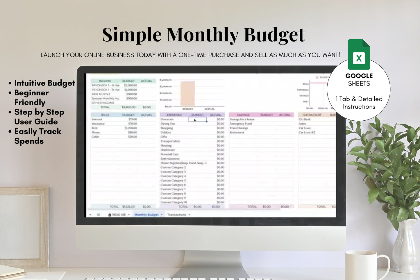 Simple Budget Tracker - Google Sheets - 1 tab