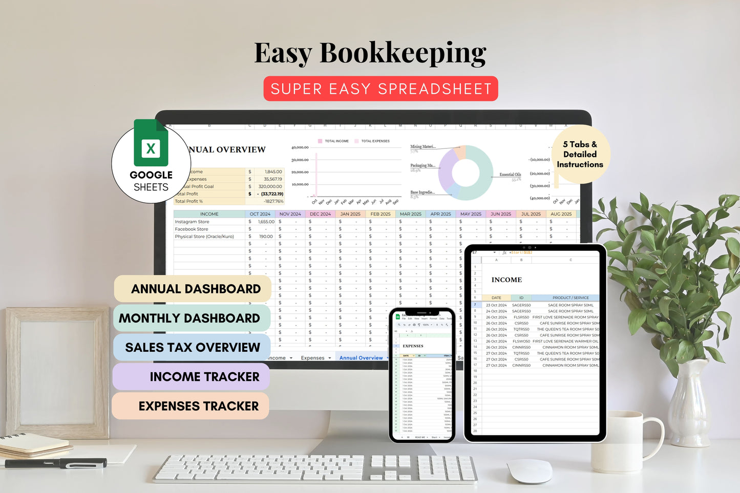 Simple Bookkeeping Spreadsheet Tracker - Google Sheets