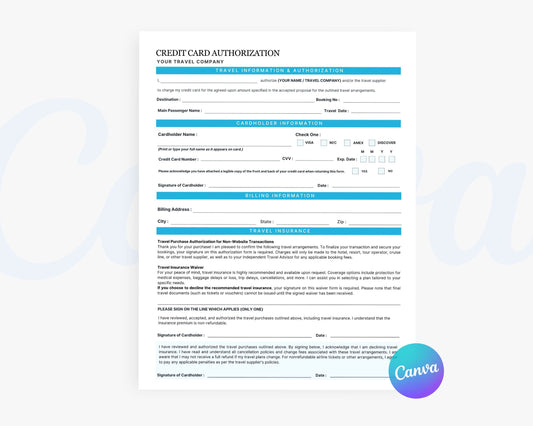 Travel Credit Card Authorization Form, Editable Canva Templates