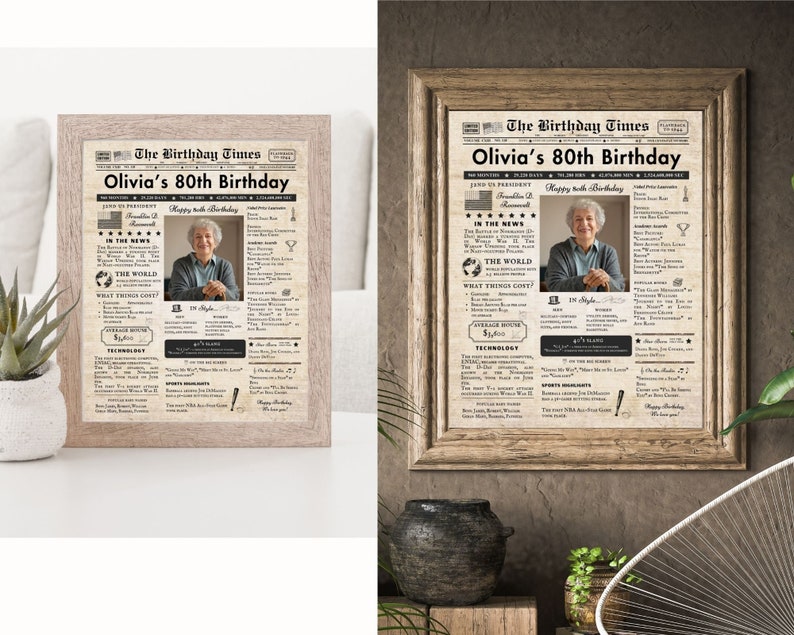 80th Birthday Vintage Brown Newspaper, EDITABLE Birthday Posters, Printable Newspaper Birthday Gifts, Canva