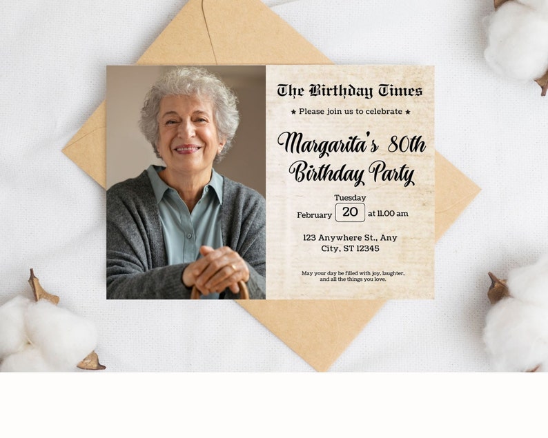 80th Birthday Vintage Brown Newspaper, EDITABLE Birthday Posters, Printable Newspaper Birthday Gifts, Canva