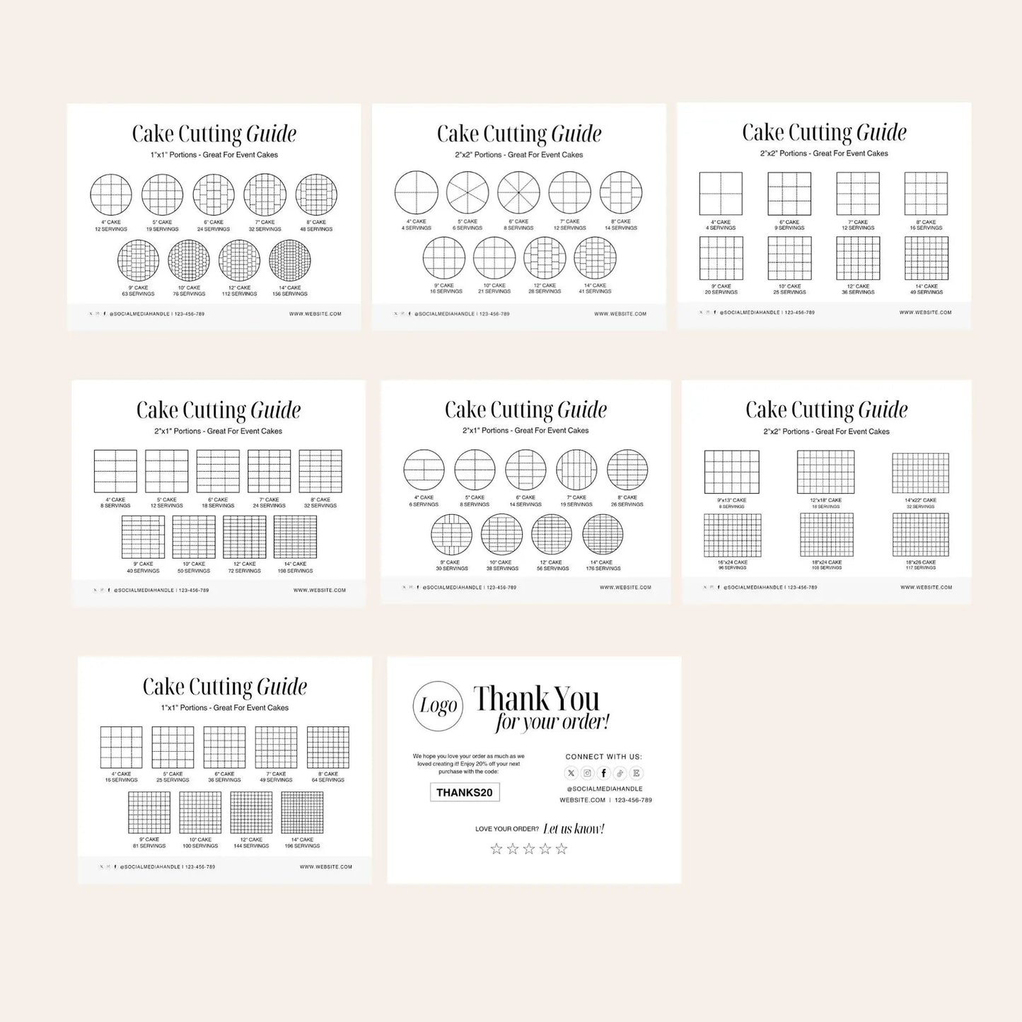 7 Minimalist Cake cutting guide Card Printable, Editable Canva Template, Bakery Small Business, 5.5*4.25 inch size