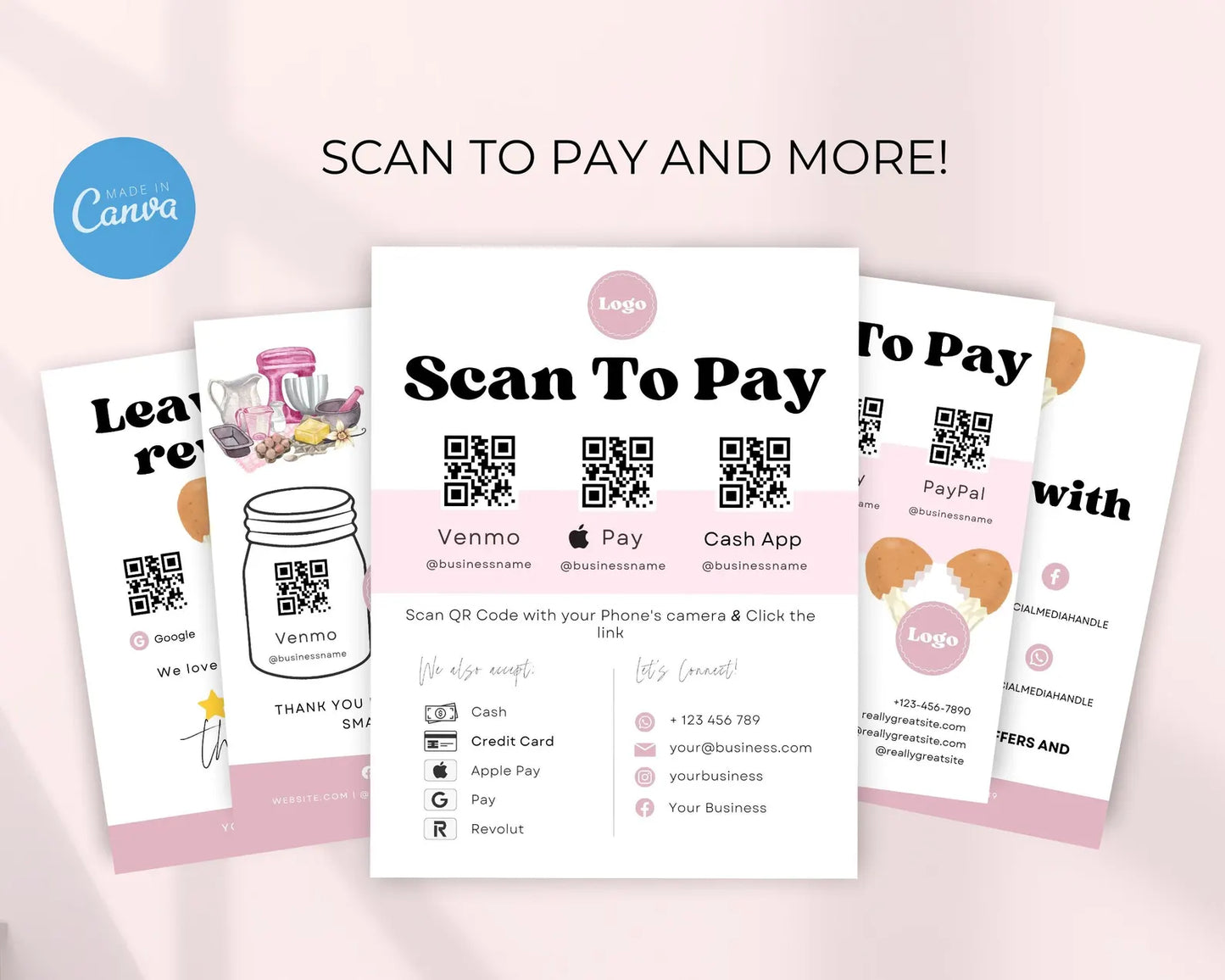 Scan to pay Forms Printable, Virtual tip jar, Leave us a review form, Pink Business signs, Editable Canva Template, Small Business