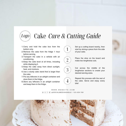 Cake Care Card Printable, Cake Cutting Guide, Editable Canva Template, Bakery Small Business, 4*3 inch size