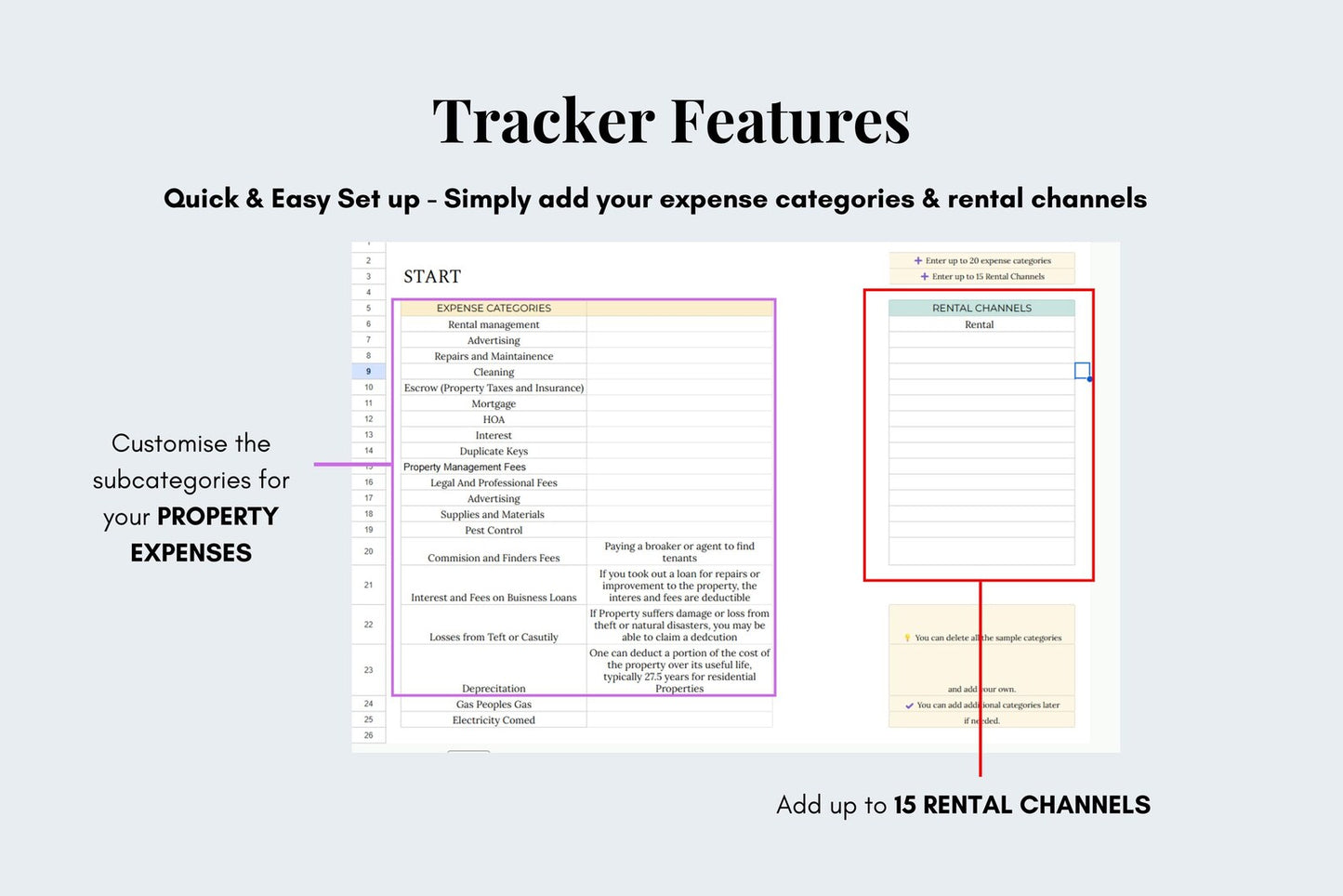 Rental Property Income & Expense Tracker - Google Sheets - 5 tabs